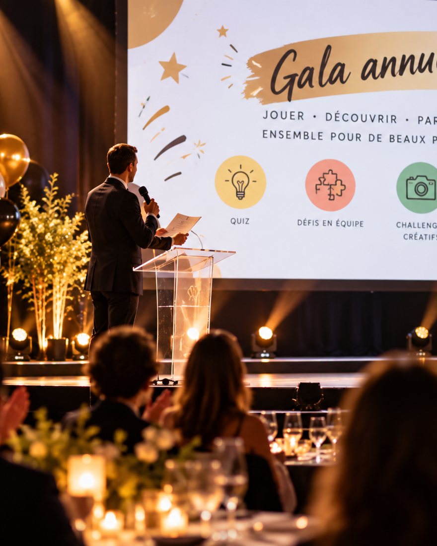 Maître de cérémonie animant un gala d'entreprise en Savoie